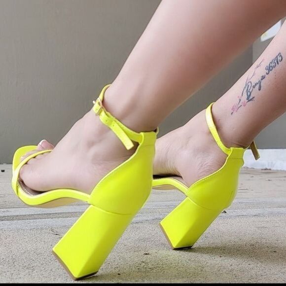 Womens Ankle Strap Chunky Block Heel Dress Sandals Neon Yellow Color - Picture 2 of 4